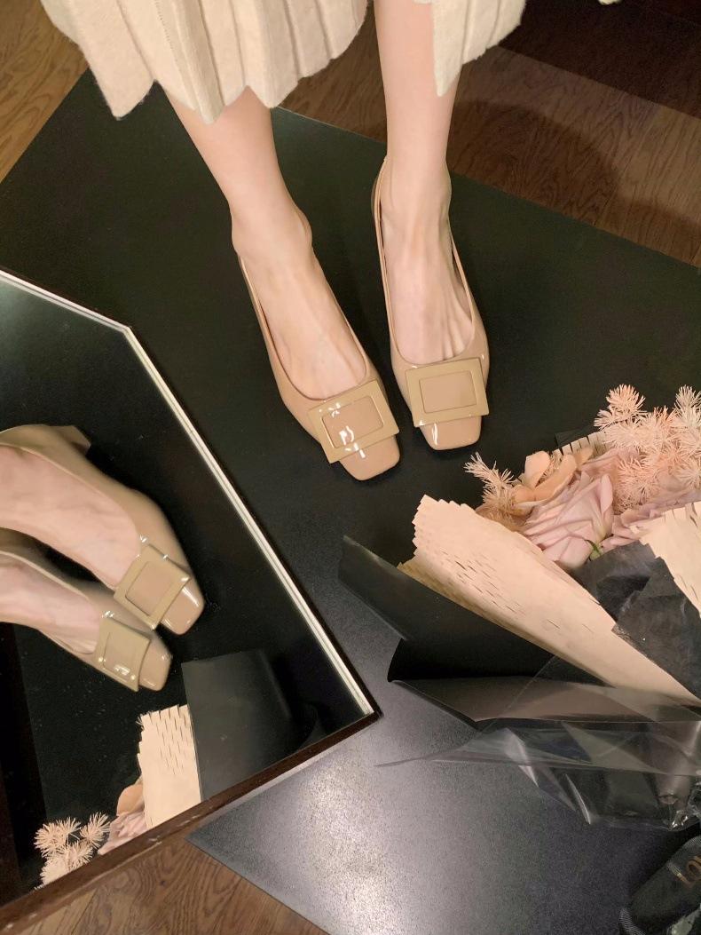 

Spot sheepskin version~ Square buckle commuter thick heel square head temperament high heels single shoes women s leather soft sole Mary Jane shoes 35