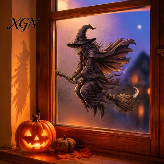 Halloween Party Supplies Witch on Broomstick Static Cling, Themed Glass Window Sticker, Decals Removable Wall Cling for Storefront Windows Doors