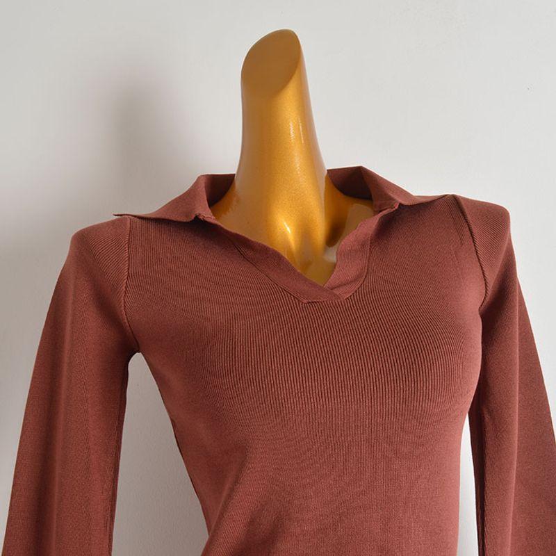 French Simplicity Pure Color Polo Lapel Knitwear Women's Clothing Silm Slim Looking Short Bottoming Shirt Long-Sleeved Versatile Top