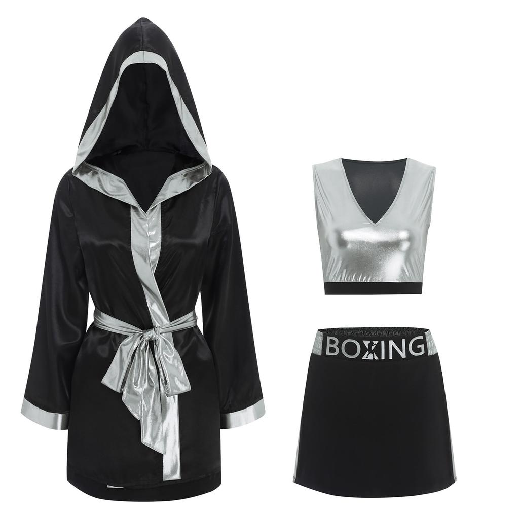 Dames Boksuitrusting Vierdelige Set Tanktop Cover-up Badjas Rok Riem Sport Thema Halloween Kostuum