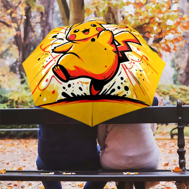 Happy Pikachu Pattern, Automatic Folding Umbrella, Portable and Foldable Design, 8 Ribs, a Christmas or Birthday Gift.