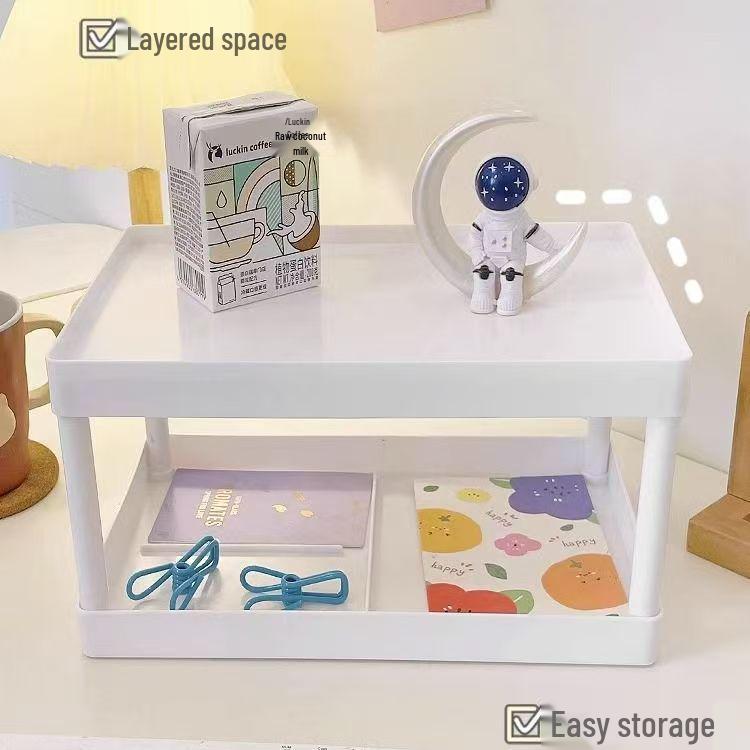 Double-Layer Desktop Storage Rack - Solid Color for Cosmetics and Stationery Organization