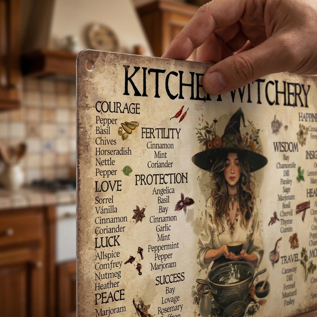 Vintage Kitchen Witchery Herb Guide Aluminum Wall Decor Metal Tin Sign for Cooking and Home Decoration Rustic Style