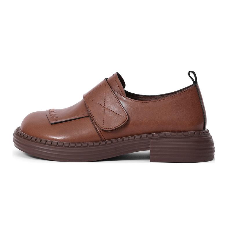 [Customized] Small leather shoes, playful big head women's shoes in autumn and winter, retro first-layer cowhide Velcro loafers manufacturer