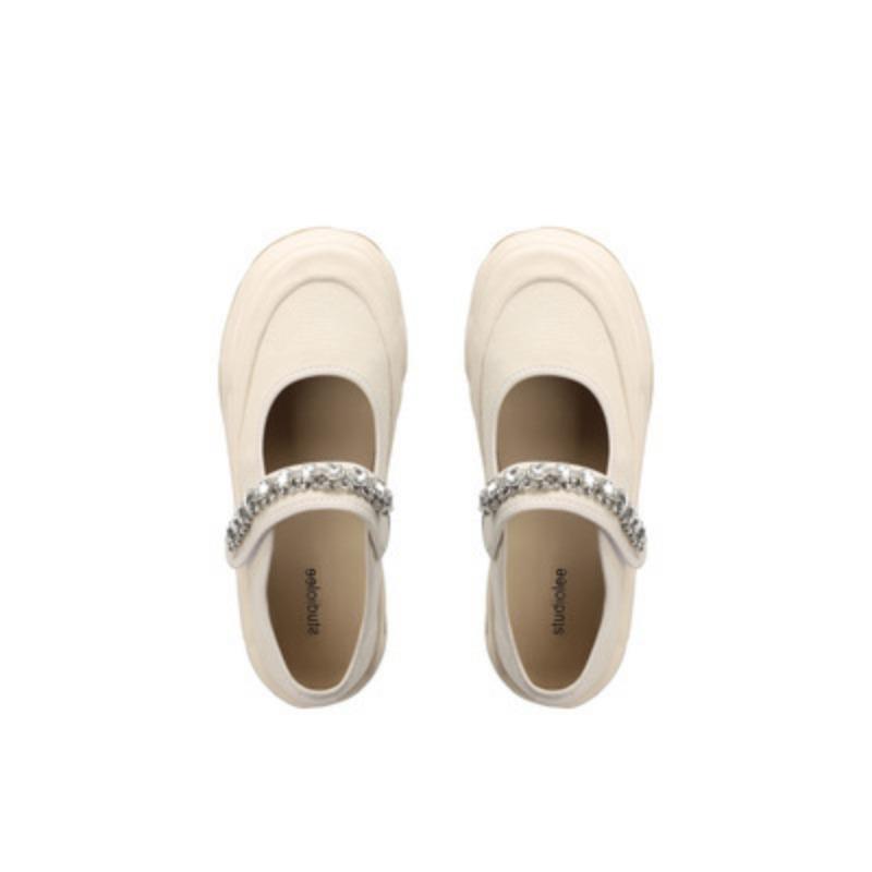 Sheepskin version dissolved shoes rhinestone word with Velcro big shallow mouth Mary Jane half drag canvas shoes women