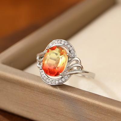 Luxury Tourmaline Finger Rings for Women Female Gradient Orange  Sterling Silver Bridal Wedding Fashion  Accessory