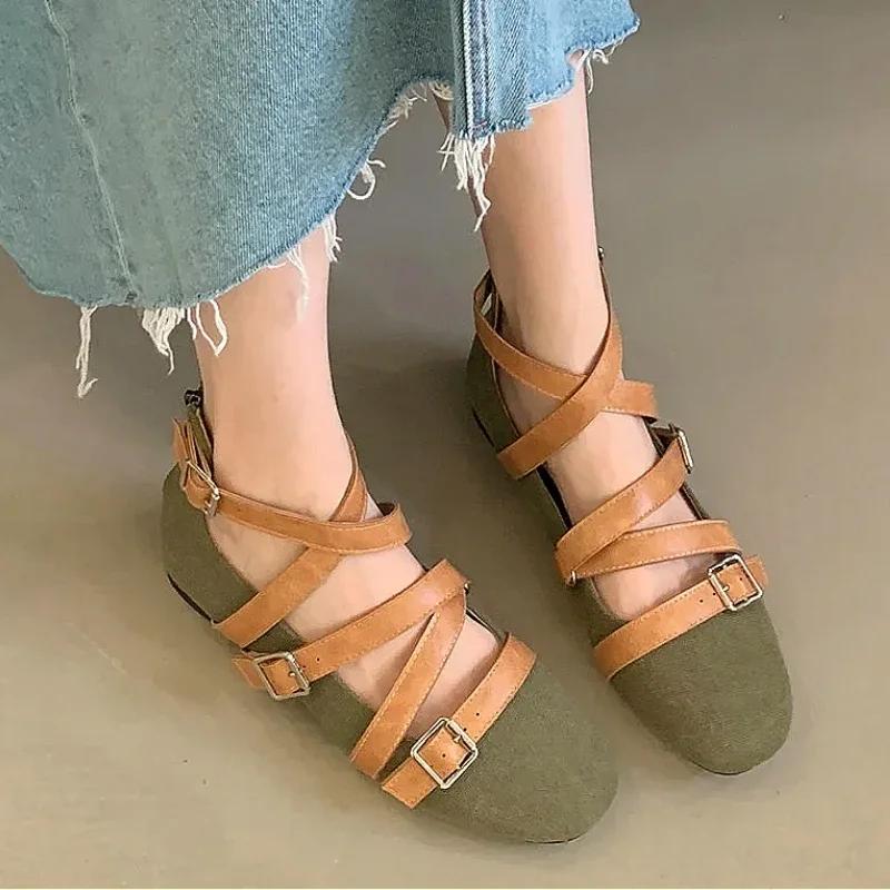 Fashion Belt Buckle Flat Mary Jane Shoes Women Fashion Design Footwear Female Cross-tied Soft Sole Comfort Ballet Shoes Zapatos De Mujer