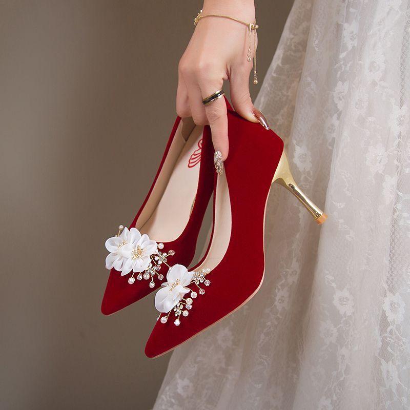 Pointed Stiletto Wedding Shoes Women's Autumn and Winter New Flower Toast Clothes Are Not Tired of Feet Burgundy High Heels
