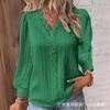 Women's V-Neck Long Sleeve Top with Lace Trim and Puff Sleeves