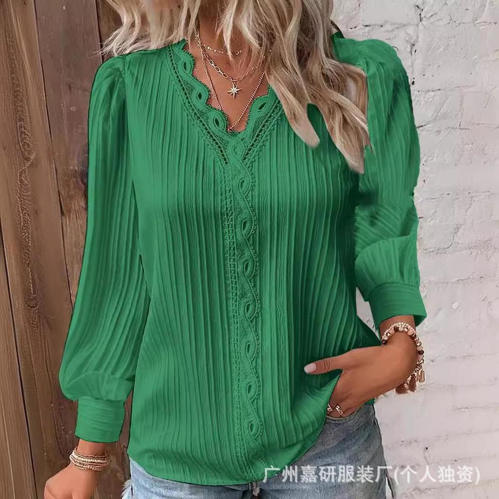 Women's V-Neck Long Sleeve Top with Lace Trim and Puff Sleeves