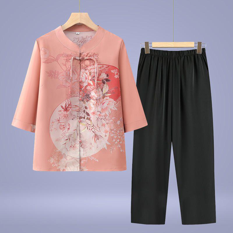 Summer 2026 Women’s Chiffon Top - Middle-Aged & Elderly, Seven-Sleeve, Chinese Style 3XL (suggested 115-130 jin)