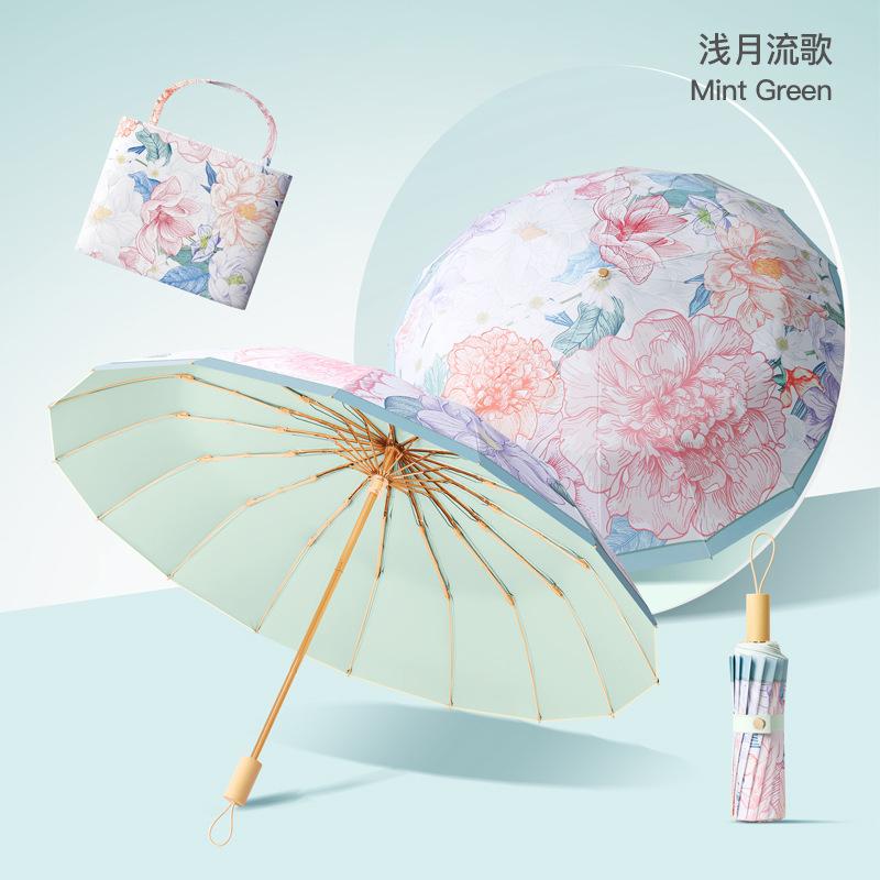 16-Bone three-fold hand-opened gold skeleton parasol, advanced sun umbrella, sun protection, sunny women's UV protection folding umbrella
