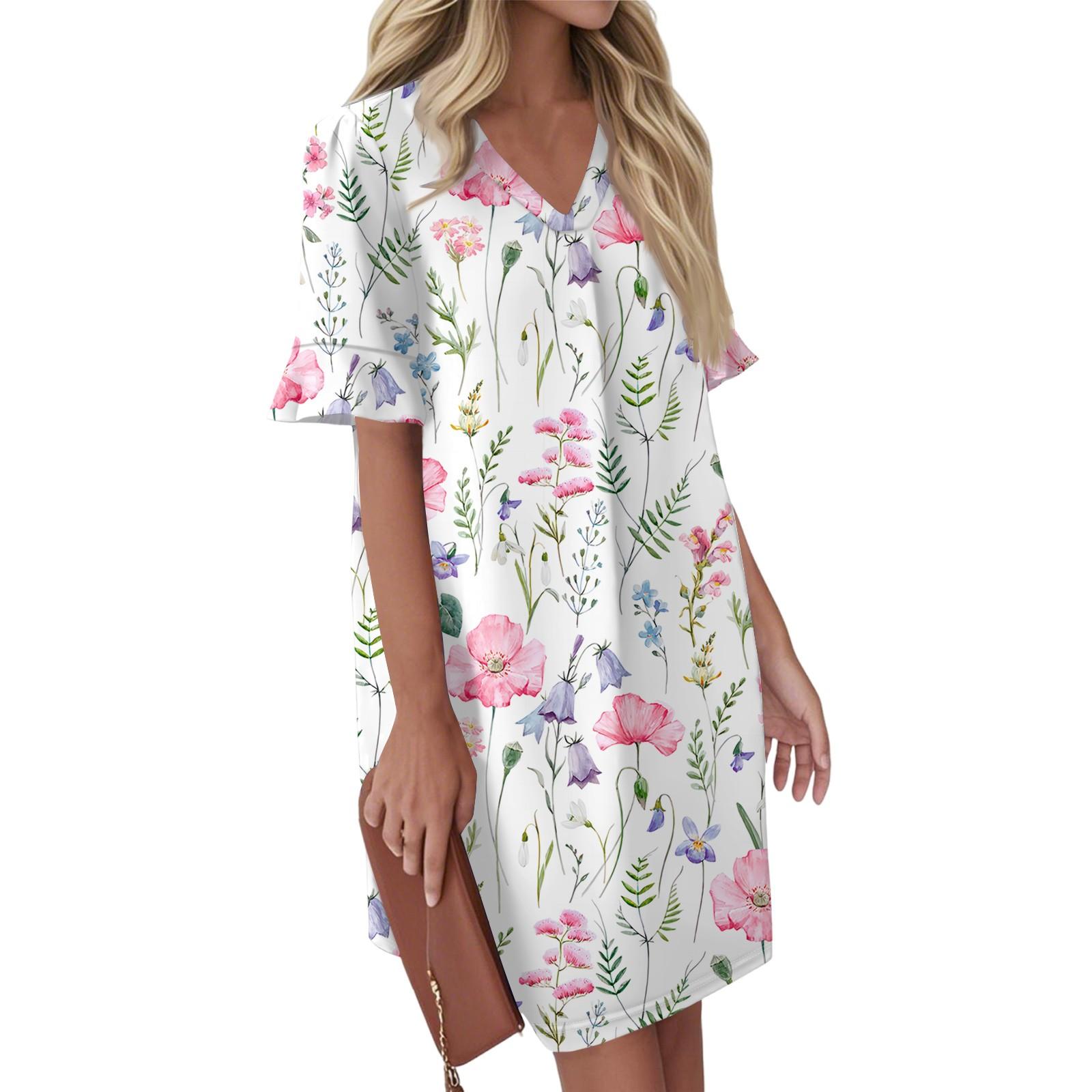 

Женское летнее винтажное платье с цветочным принтом, плиссированное, с коротким рукавом, V-образным вырезом, карманом-завязкой, повседневное платье XXL розовый