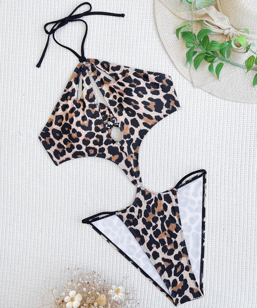 Women's Swimsuits Leopard Print Halter Neck Sexy Open Back Ties One-Piece Swimsuits Bikini Beachwear Bathing Suits