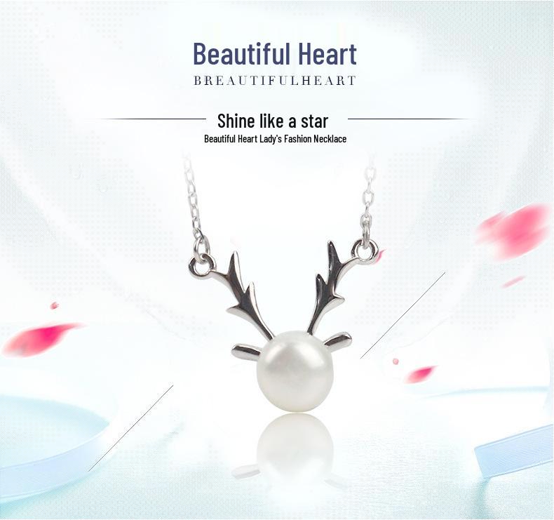Exquisite S925 Silver Antler Necklace with Freshwater Pearl - Ideal Christmas Gift