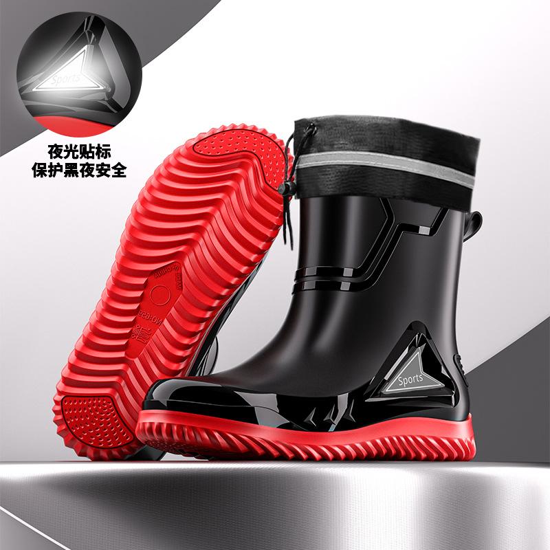 Herren mittelhohe Regenschuhe Mode Nacht reflektierend integriertes Bündel wasserdichte Schuhe rutschfeste Herrenregenstiefel Angelgummischuhe