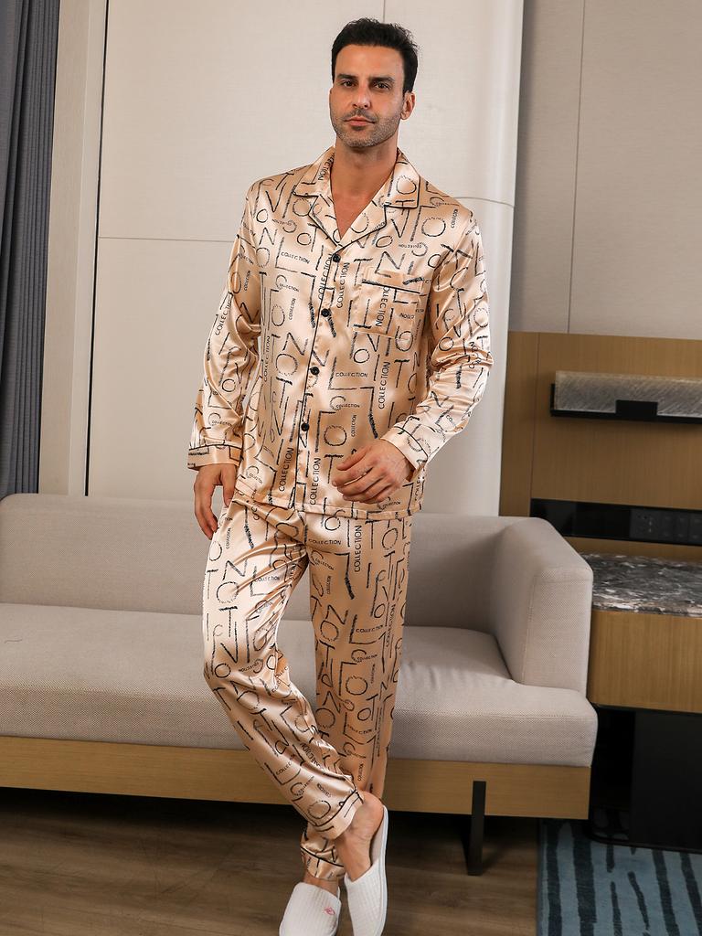 Moolmeyno Men's Ice Silk Pajamas Long Sleeve and Pants Set