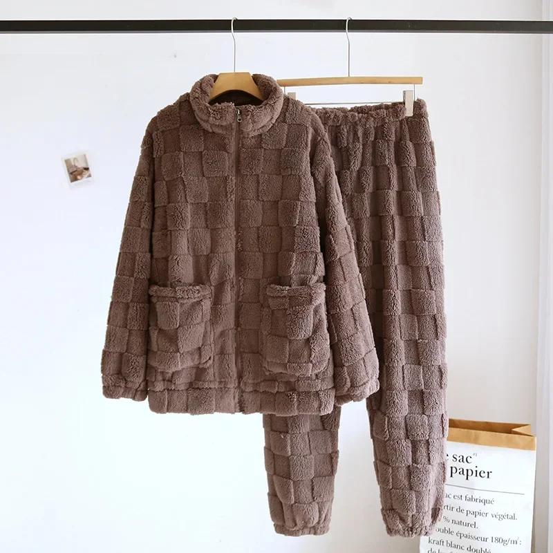 Paar Winter Flanell Pyjama Set Herren und Damen Korallenplüsch Dick Einfarbig Langarm Hose Hausanzug Zweiteiliges Set