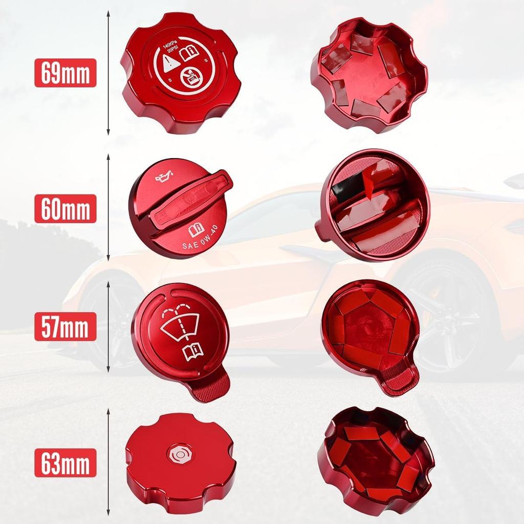 4Pcs Engine Oil Cap Brake Fluid Cap Wiper Washer Cap Radiator Cap Cover Trim Set, Aluminium Alloy Engine Oil Cap Cover Decorative Set Accessories for
