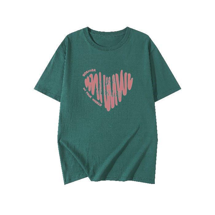 Plus Size Cotton T-Shirt - Women's Summer Short Sleeve Pink Heart Mid-Length Loose European Style