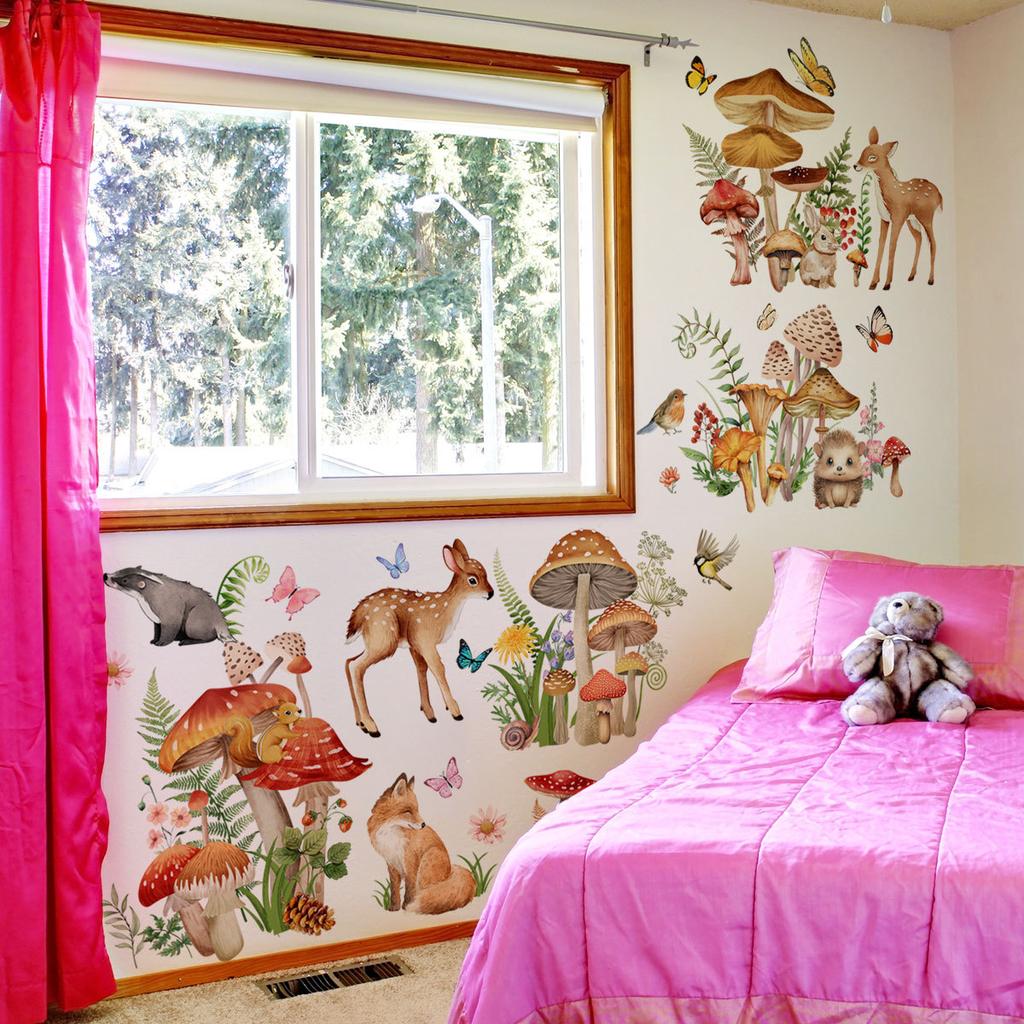 Cartoon Elk Deer Fox Mushroom Butterfly Wall Stickers for Kids Room Mural Art Decal Bedroom Deocration Animal Wallpaper