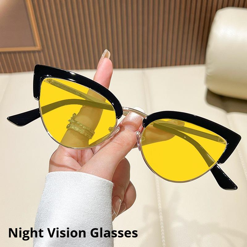 Metal Half-Frame Night Vision Anti-Blue Light Glasses Orange & Red Lenses Unisex Fashion Cat-Eye Gaming Eye Protection Glasses