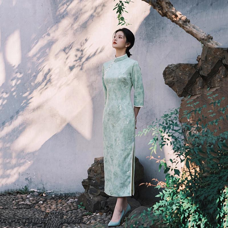 Green New Chinese Suzhou Long Sleeve Cheongsam Mid Sleeve Improved Young 1011 New Women's Premium Spring and Autumn