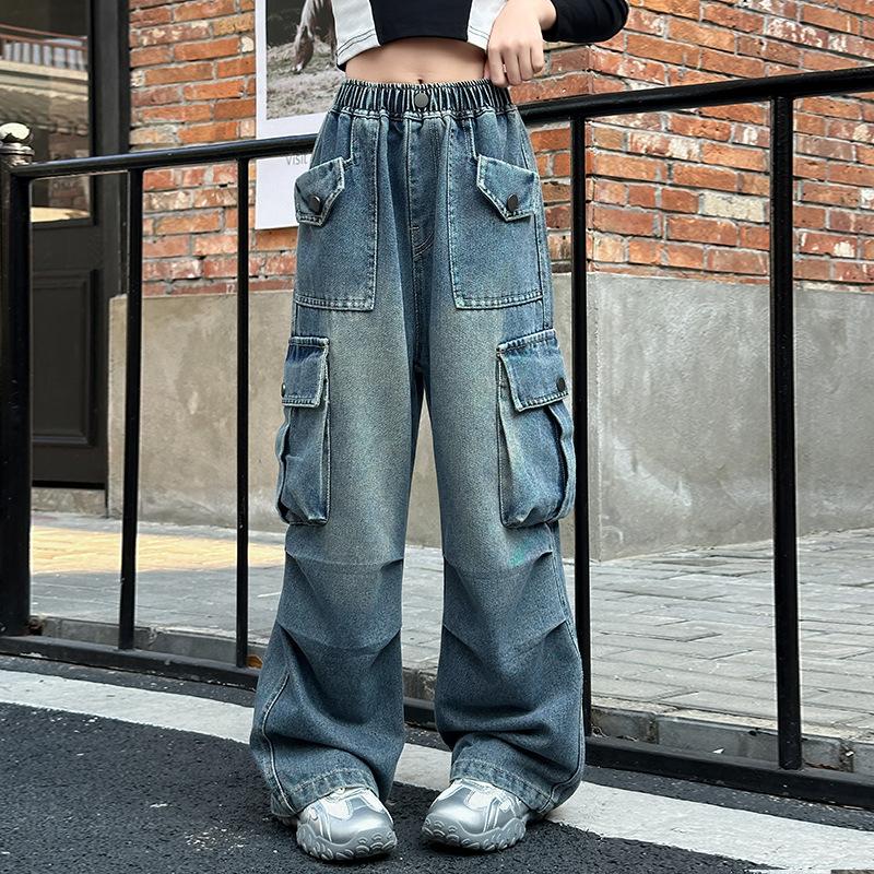 Spring and Autumn Girls' Jeans  Kids Vintage Distressed Jeans with Pocket for Girls High Street Denim Pants Teens Child Baggy Cargo Jeans Trousers