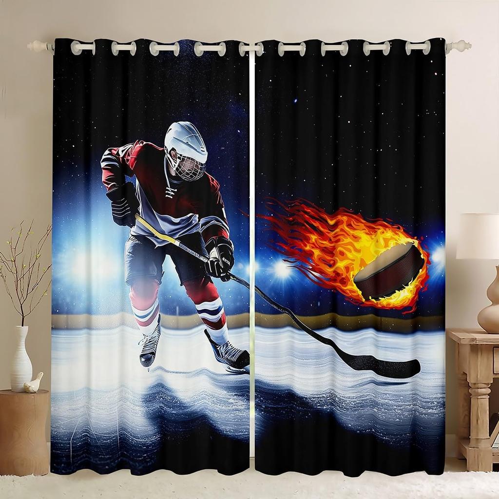 Ice Hockey Curtain Player Window Treatment Curtains Boys Teens Girls Room Winter Sports Game Event Made Of Polyester Washable