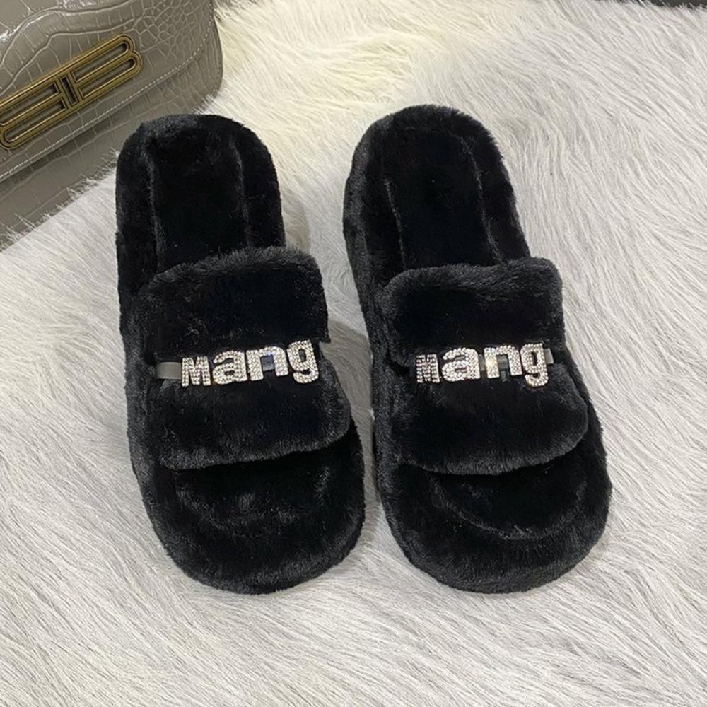 Mode Zuhause Fellige Fell-Pantoletten Plüsch-Hausschuhe Flauschige Flip-Flops Luxus Slipper Plateau Damen Modeschuh 2024 Zapato De Mujer Designer