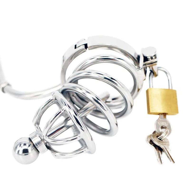 Lock Him Cage & Beads Plug 304 Stainless Steel Adjustable Chastity Cage BDSM