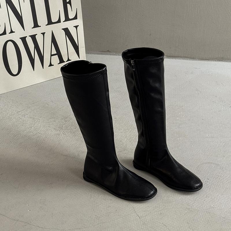 Vintage Elastische Schlankmachende Damen Kniehohe Stiefel Damen Outdoor Weiches Leder Flats Ritter Lange Stiefeletten