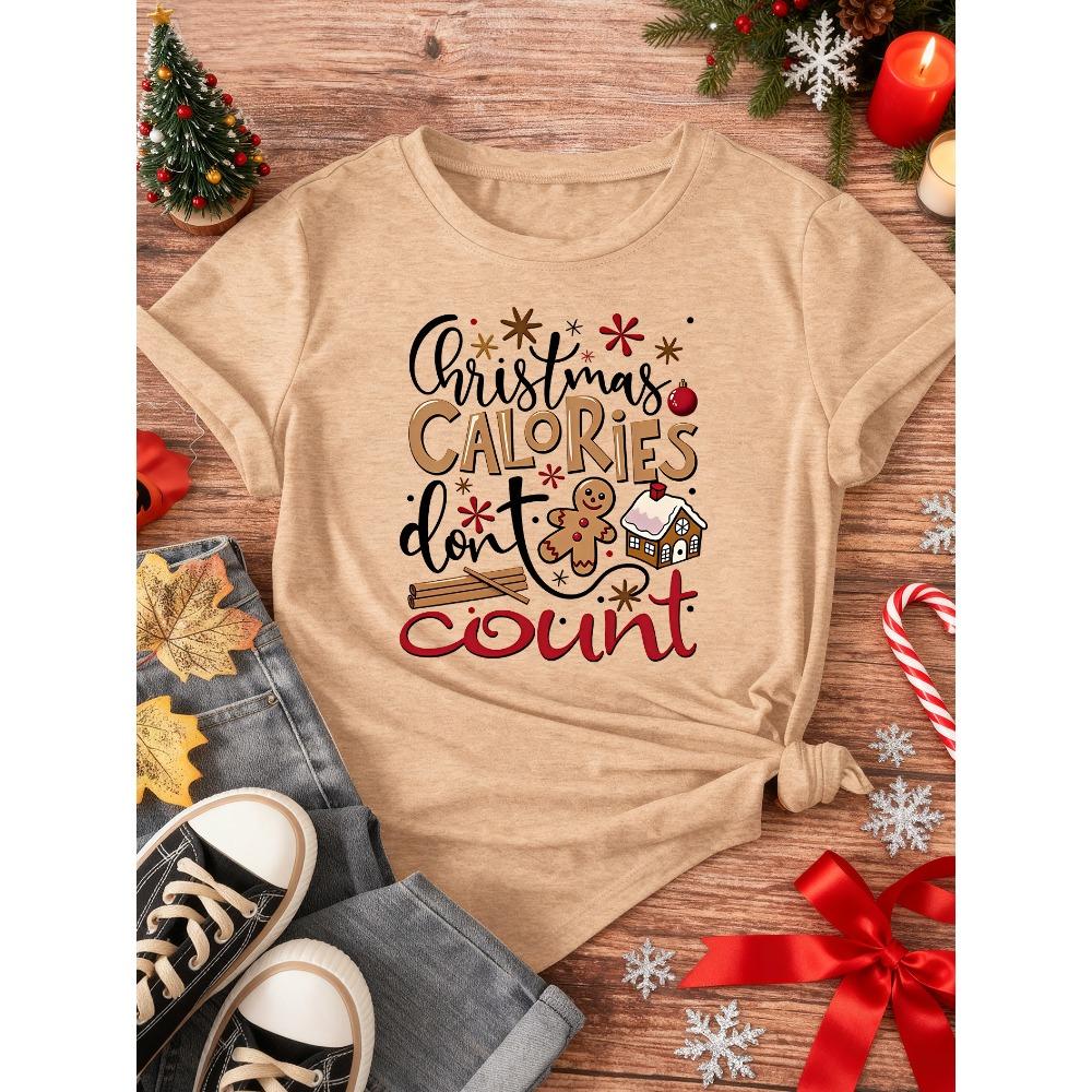 Christmas Fun Short Sleeves, Gingerbread Man Hut, Ins Style Cute Simple Large Size Slim Top