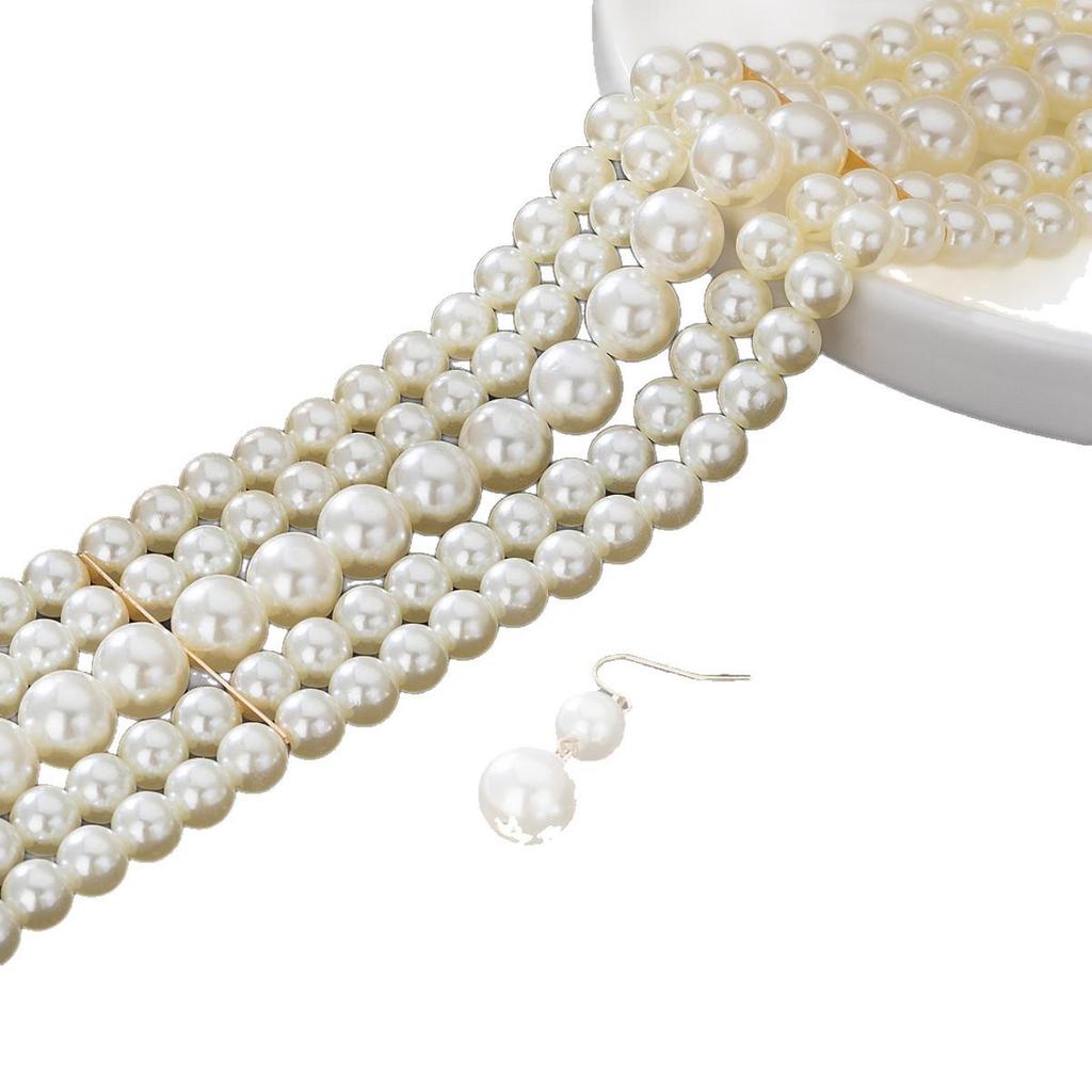Vintage Multi-Layer Imitation Pearl Choker Necklace and Earring Set for Women