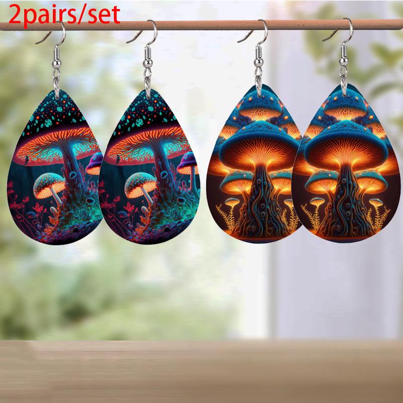 Colorful Glowing Large Mushroom Pattern PU Leather Earrings for Women Fantasy Fashion Earrings for Festival Party Banquets and Daily Wearing