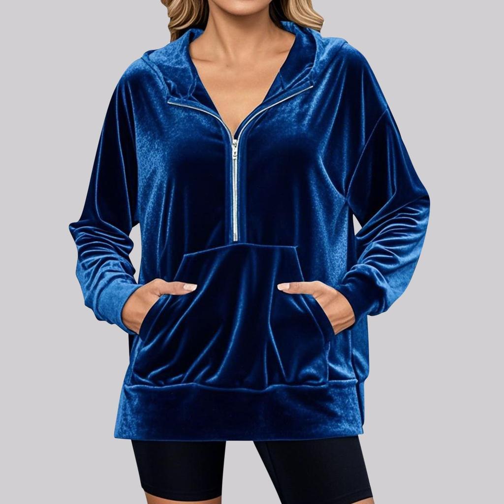Women's Solid Color Hooded Loose Long Sleeved Zipper Pocket Gold Velvet Top Sweatshirt