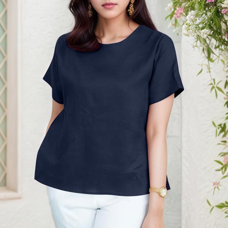 

ZANZEA Женская повседневная блузка с круглым вырезом, однотонная, летняя, с коротким рукавом S темно-синий