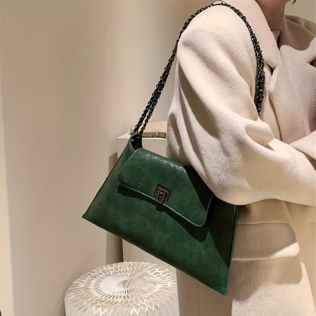 Vintage Metal Chain Underarm Bag, PU Leather Textured Bag Purse, Fashion Versatile Baguette Bag