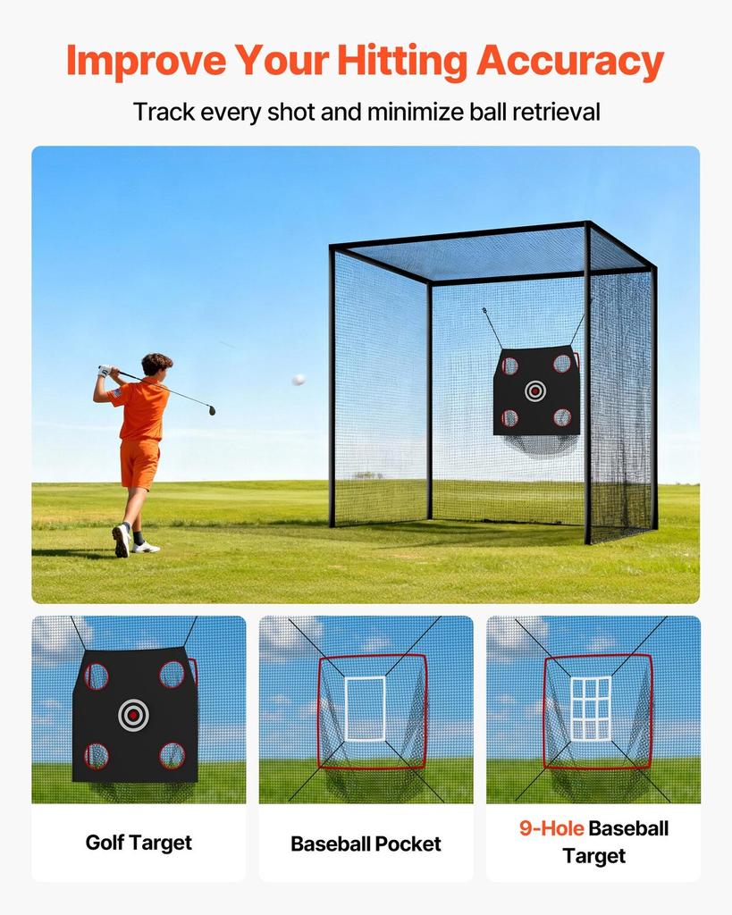 Golf Batting Cage, 3050 X 3050 X 3050mm Golf Cage, Driving Hitting Cages with 3-Ply Knotless Polyester, Golfs Target & 9-Hole Baseball Target, Golfs
