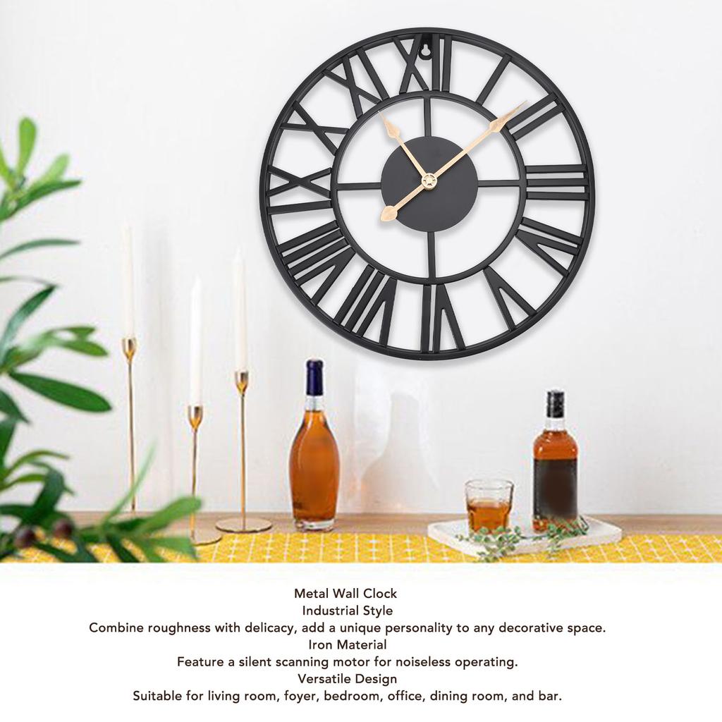 Metal Wall Clock Decor Battery Operated Silent Round Retro Style Iron Large Wall Clock for Living Room Bedroom Kitchen Office