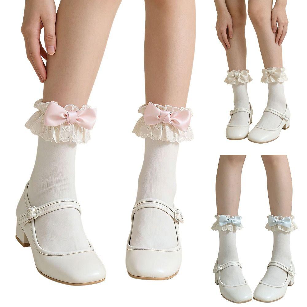 White Women Socks Lolita Bowknot Socks Japanese Short Crew Socks Spring Summer