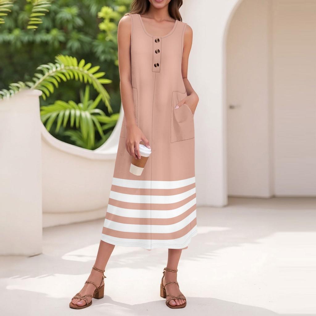 Women's Summer Casual Fashion Stripe Printed Sleeveless Button Casual Maxi Dress