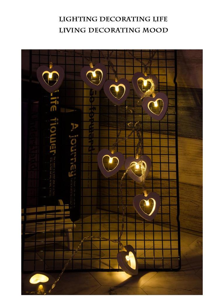 Korean-Style LED Wooden Heart String Lights for Indoor Holiday Decor (10 Battery-Powered Colored Lights)
