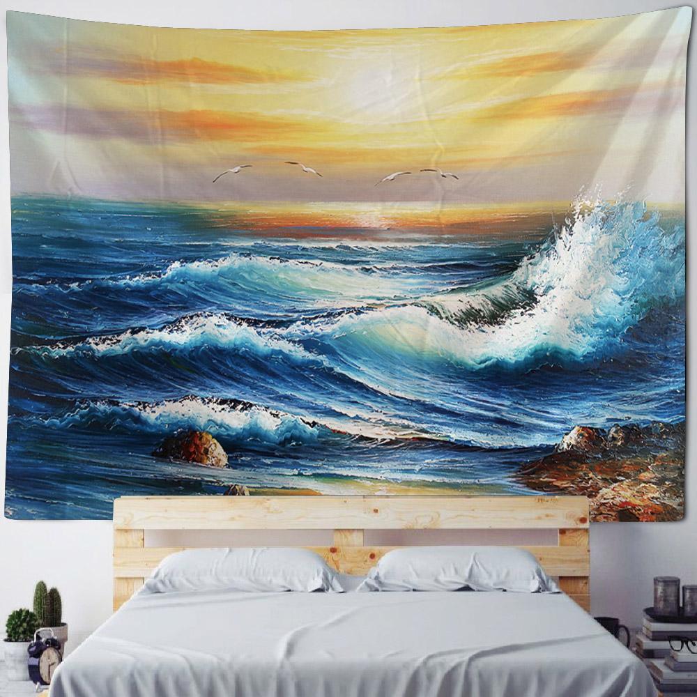Sea oil painting tapestry, waves, sunrise, bohemian, hippie, wall hanging, home, bedroom, living room, aesthetic decoration
