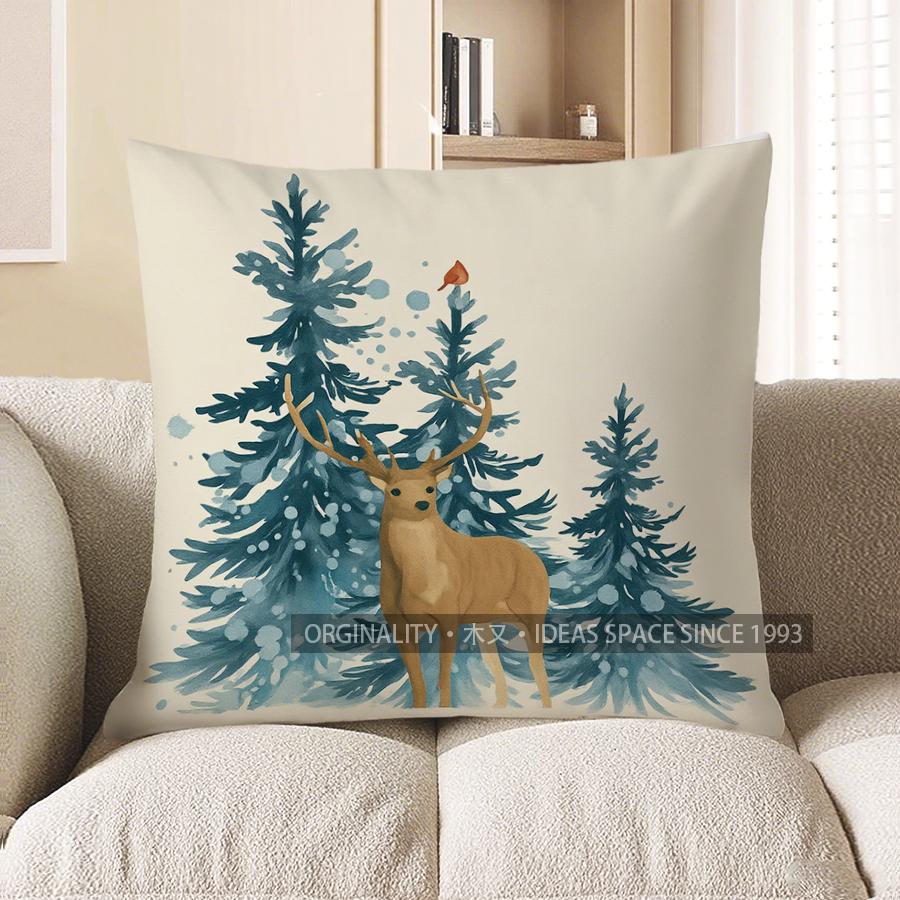 Home Decor Snowy Forest Deer & Cabin Decorative Pillow Pattern Cushion Cover Suitable for Sofa Bedroom Car Pillow Cover