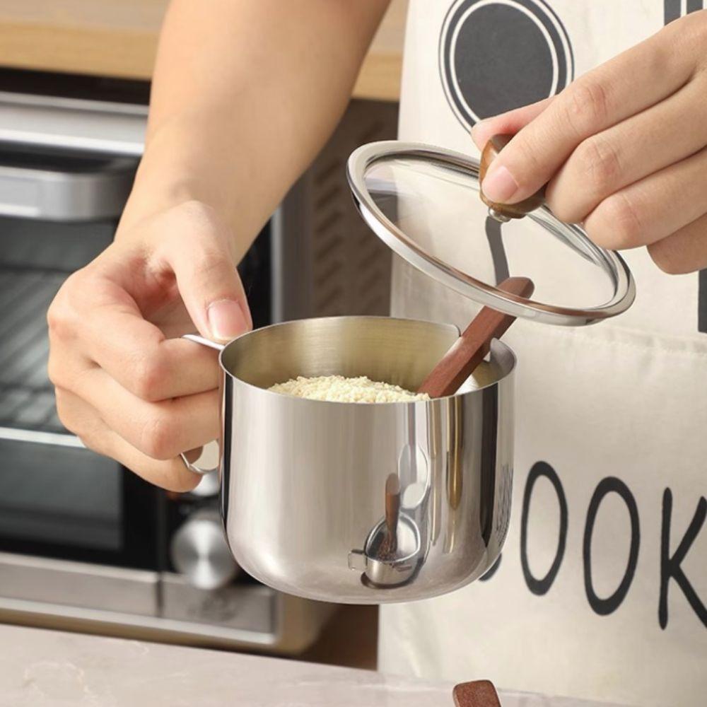 Dust-proof Stainless Steel Seasoning Jar Set With Spoon Tray Salt Storage Container  Sugar