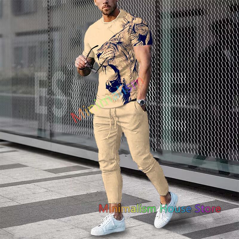 Fashion Men Trousers Tracksuit Stripe Printed Jogger Sportswear Short Sleeve T Shirt +Long Sweatpants 2 Piece Sets Men Clothes