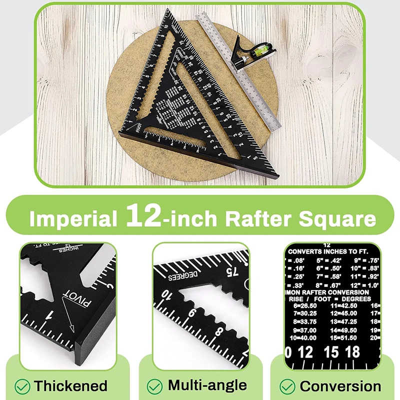 12" Aluminum Alloy Rafter Square Combination Square Set Carpenter Square Woodworking Framing Square Triangle Protractor