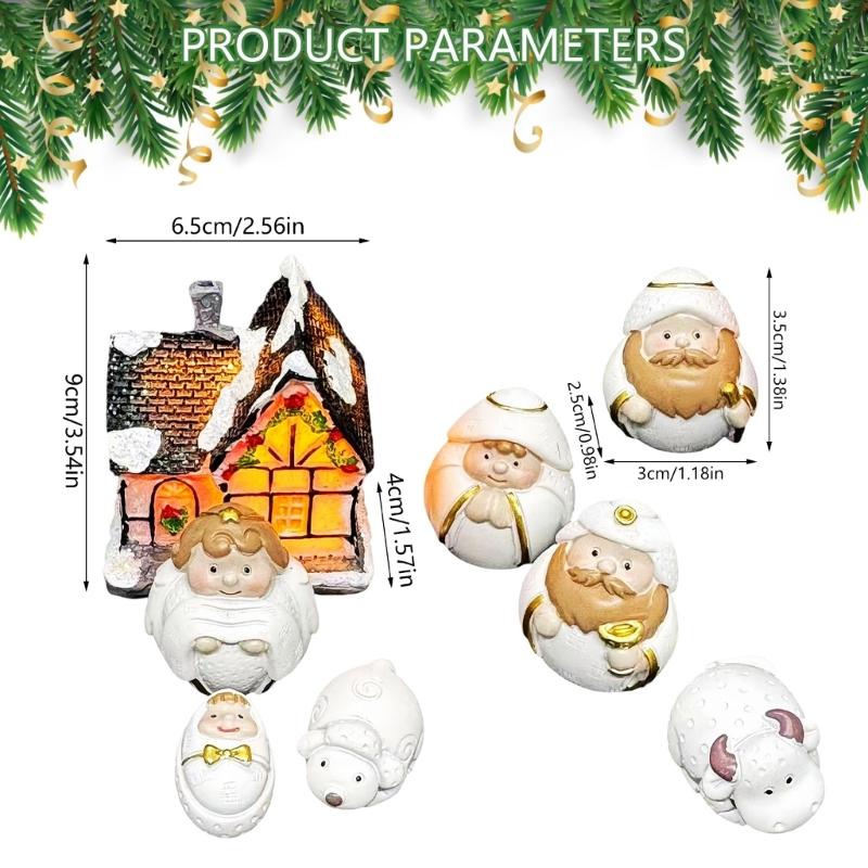 Christmas Nativity Scene Miniature Figurines Decorations With Soft LED Lighted House Resins Craft Cartoon Ornaments Set