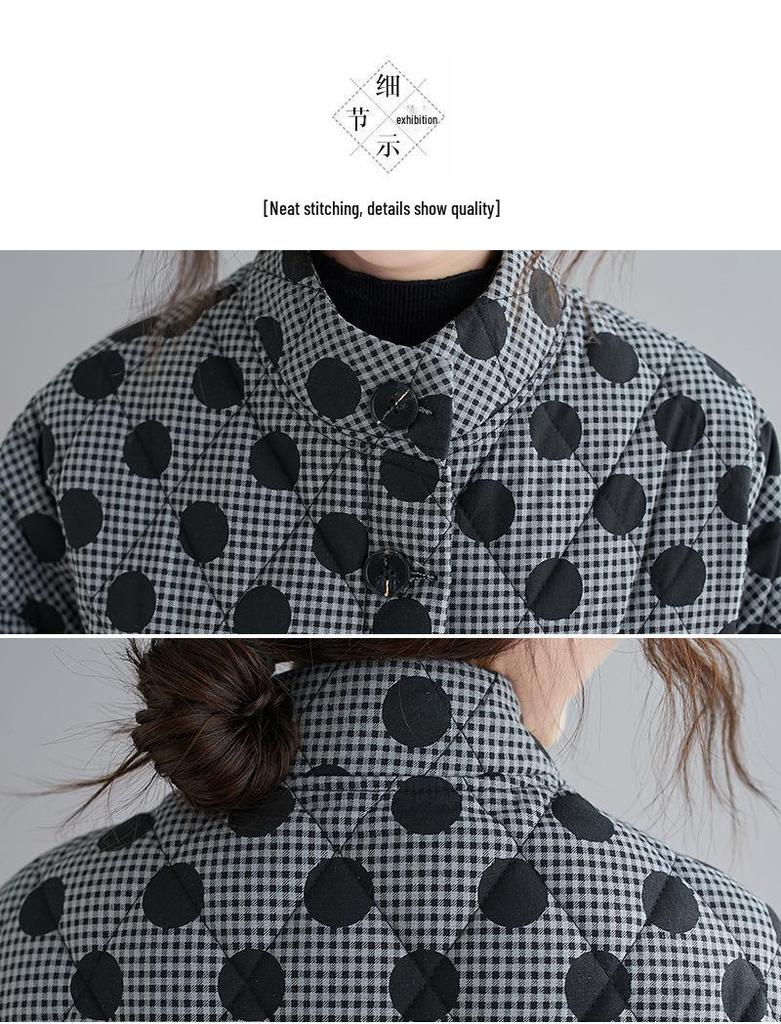 2024 Plus Size Women's Retro Argyle Short Quilted Cotton Jacket with Polka Dots